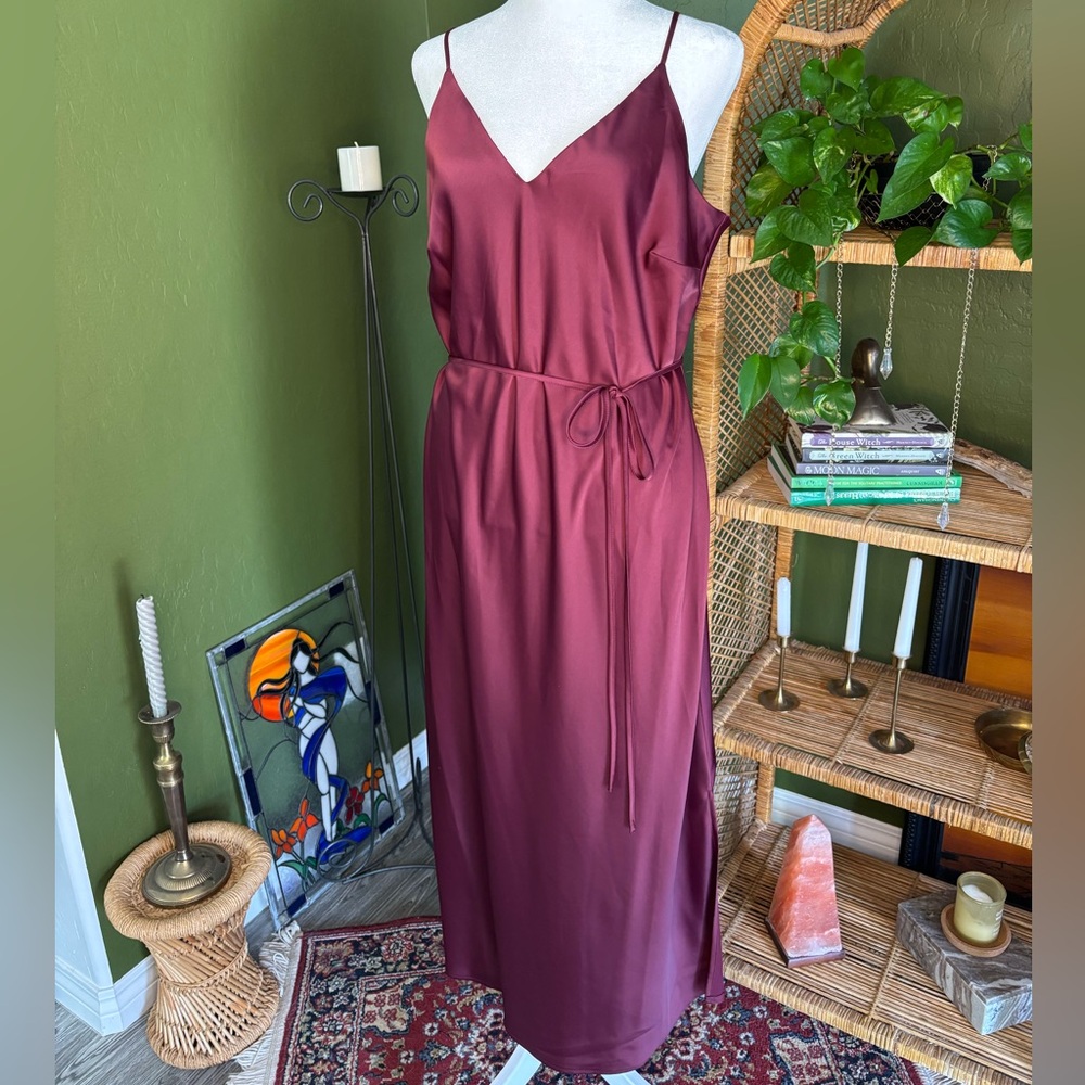 Prologue Maroon Burgundy Maxi Slip Silky Waist Tie Spaghetti Strap V-Neck Dress